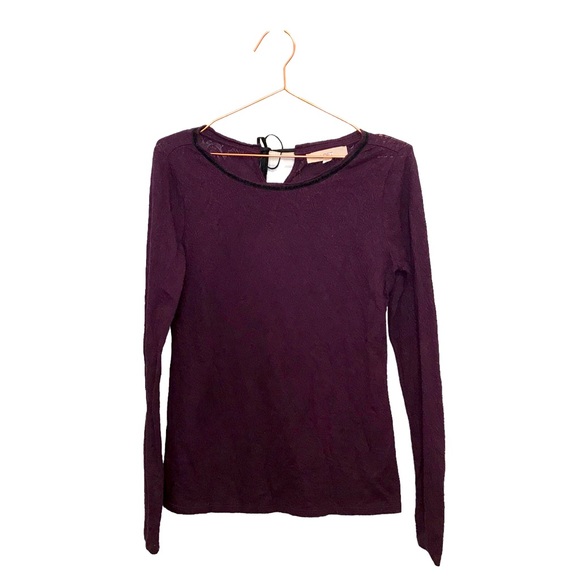 LOFT Tops - Loft semi sheer plum purple lace long sleeve top with tie around neck size small